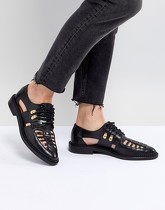 Selected Femme - Chaussure en cuir plate à lacets effet cage - Noir