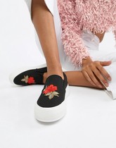 Glamorous - Chaussures à enfiler avec rose brodée - Noir